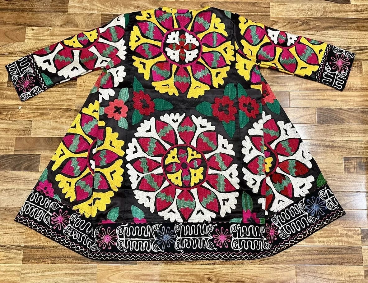 Vintage Handmade Uzbek Suzani Chapan: Upcycled Embroidered Kaftan