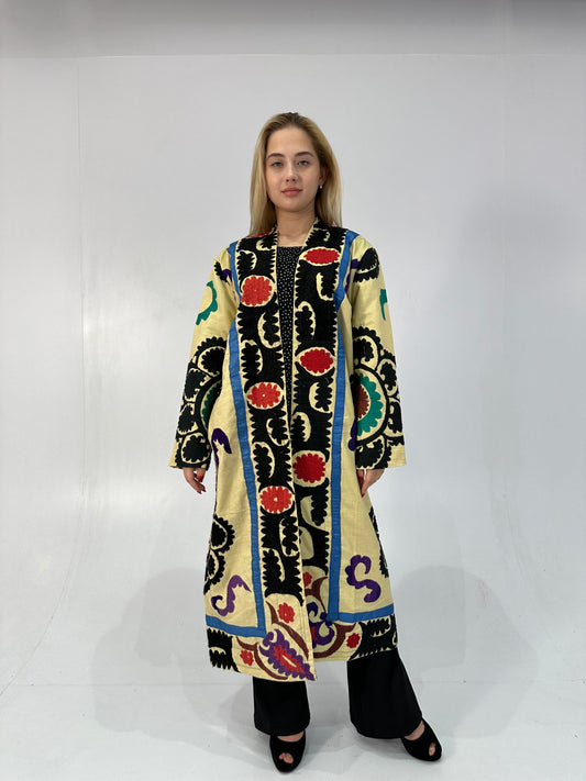 Handmade Upcycled Uzbek Suzani Embroidery Chapan Coat/Robe/Kaftan/Kimono Vintage