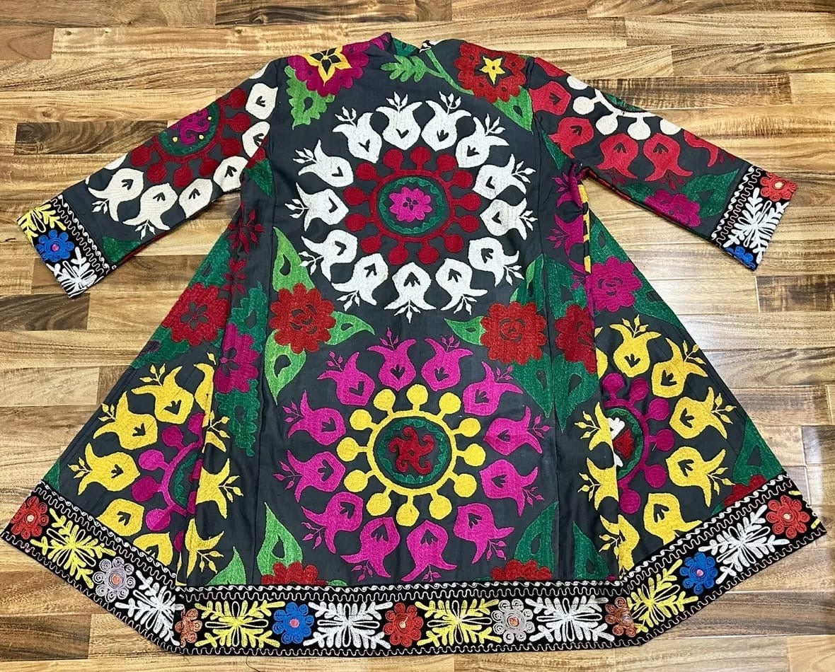 Vintage Handmade Uzbek Suzani Chapan: Upcycled Embroidered Kaftan