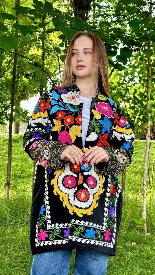 Vintage Handmade Uzbek Suzani Chapan: Upcycled Embroidered Kaftan