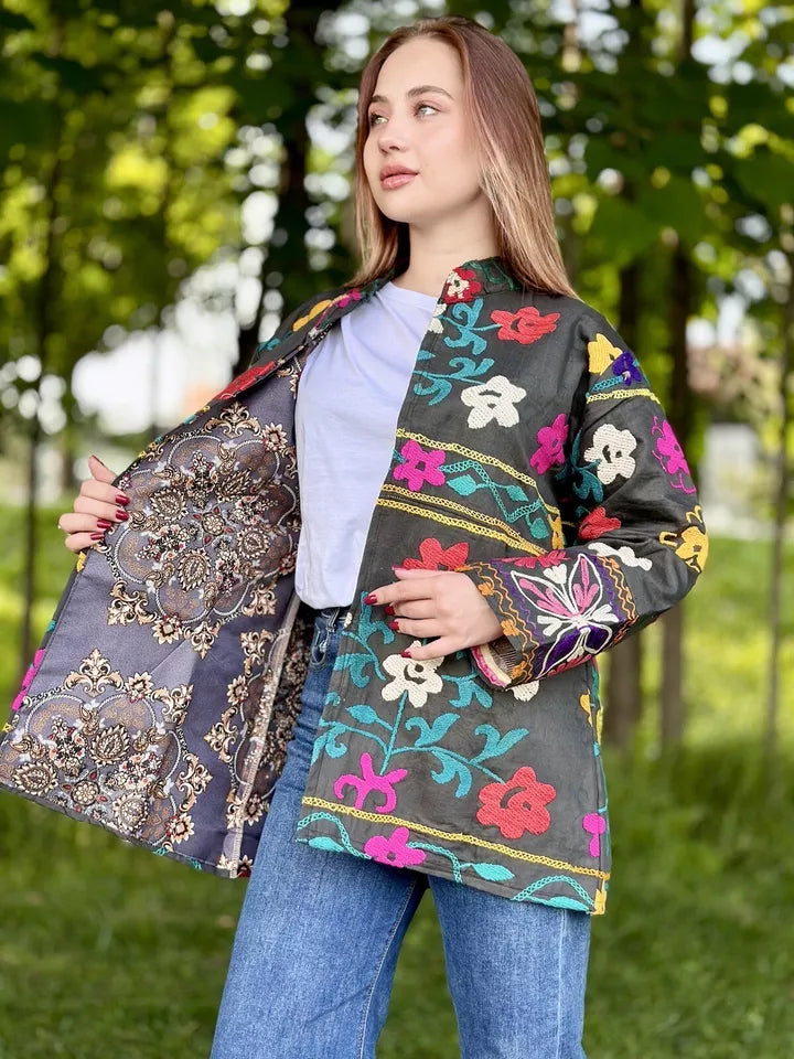 Vintage Handmade Uzbek Suzani Chapan: Upcycled Embroidered Kaftan