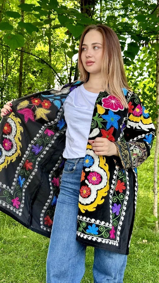 Vintage Handmade Uzbek Suzani Chapan: Upcycled Embroidered Kaftan