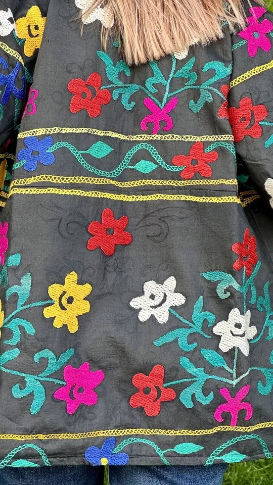 Vintage Handmade Uzbek Suzani Chapan: Upcycled Embroidered Kaftan