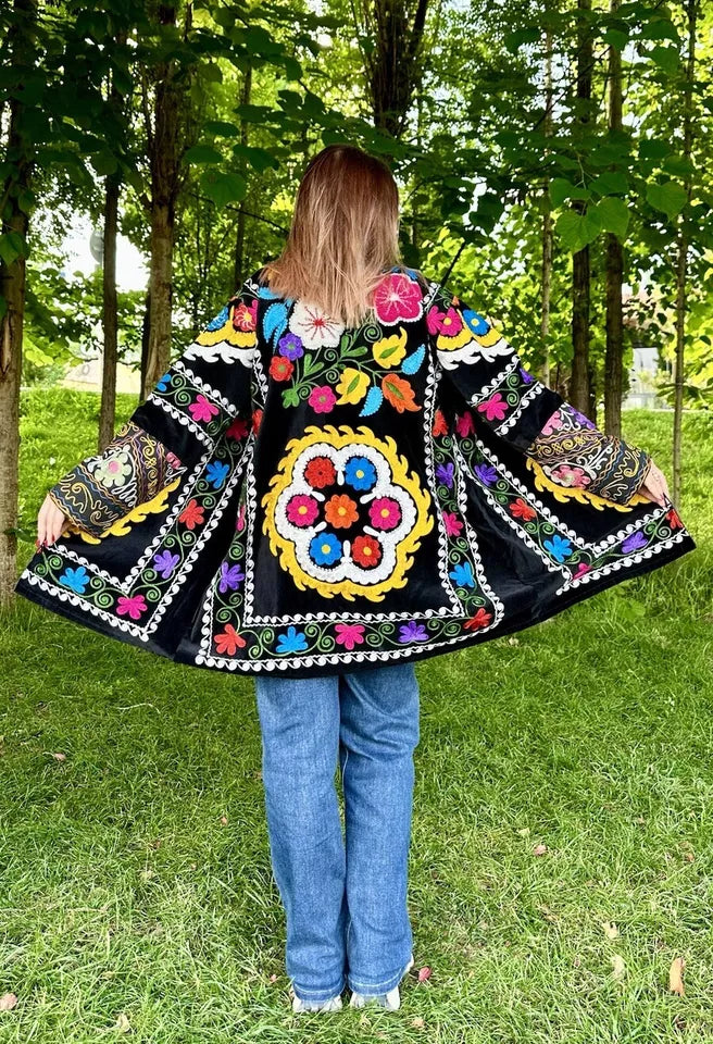 Vintage Handmade Uzbek Suzani Chapan: Upcycled Embroidered Kaftan