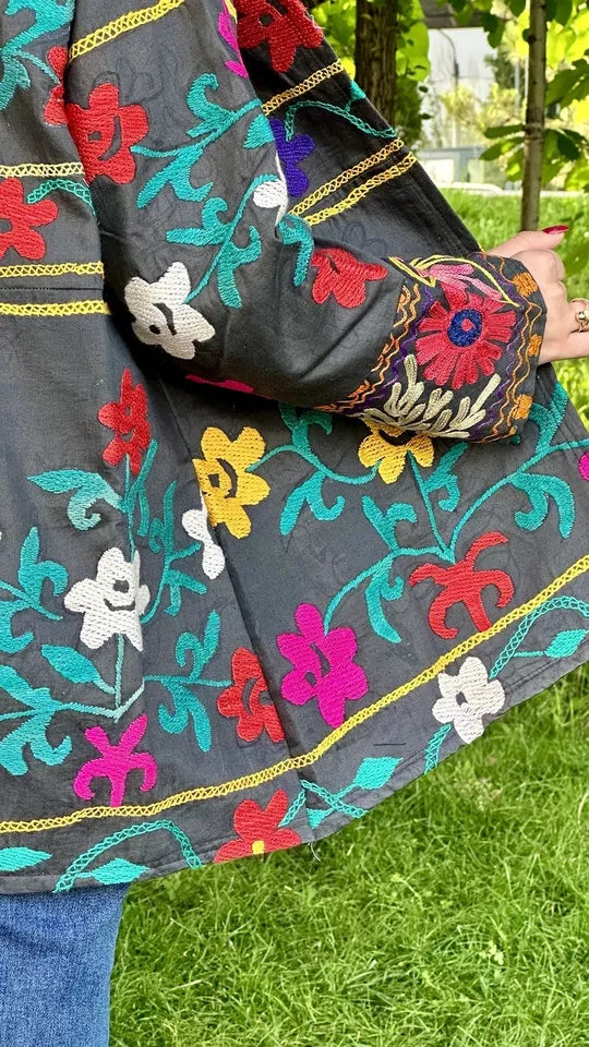 Vintage Handmade Uzbek Suzani Chapan: Upcycled Embroidered Kaftan