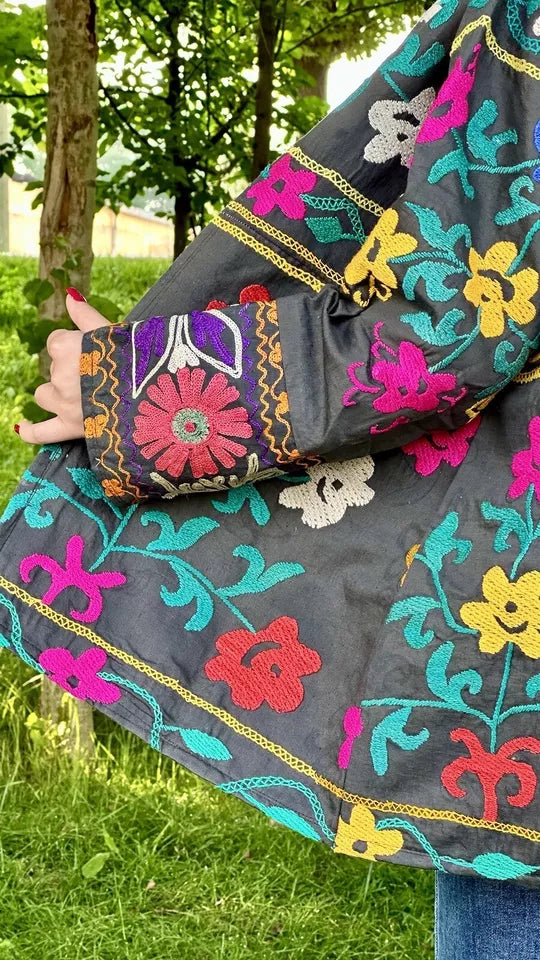 Vintage Handmade Uzbek Suzani Chapan: Upcycled Embroidered Kaftan