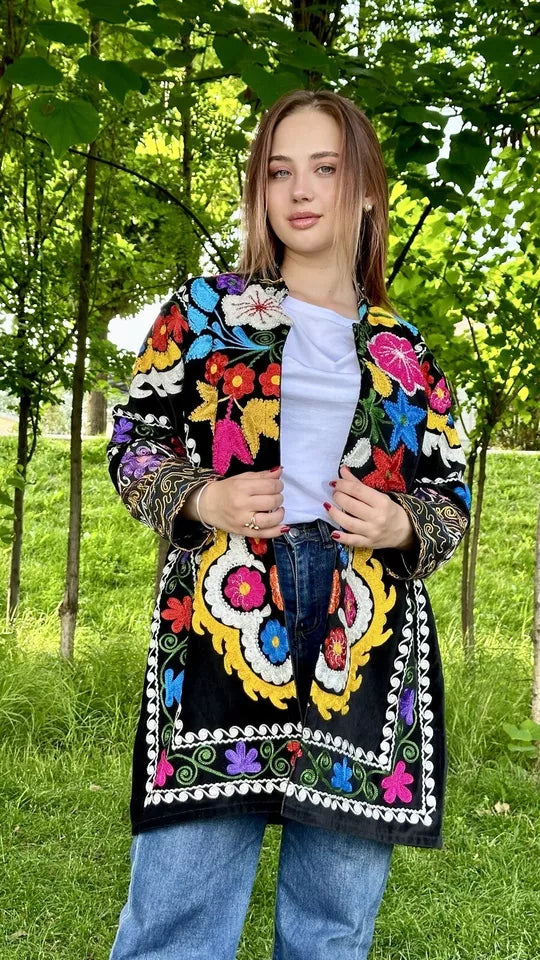 Vintage Handmade Uzbek Suzani Chapan: Upcycled Embroidered Kaftan