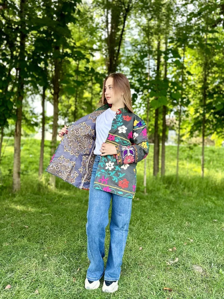 Vintage Handmade Uzbek Suzani Chapan: Upcycled Embroidered Kaftan