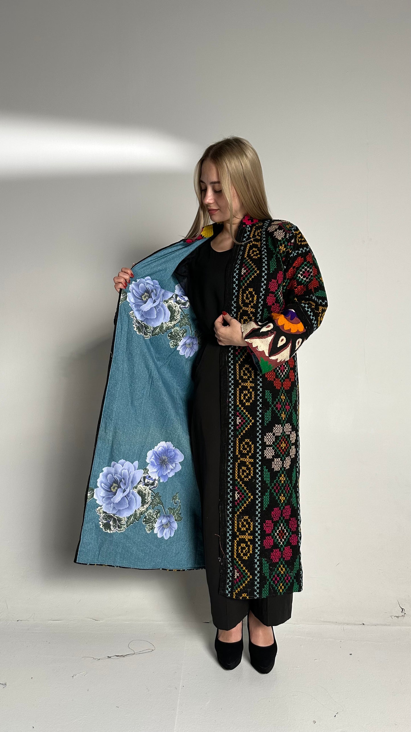 Vintage Handmade Uzbek Suzani embroidered Chapan Coat Jacket Upcycled Kaftan