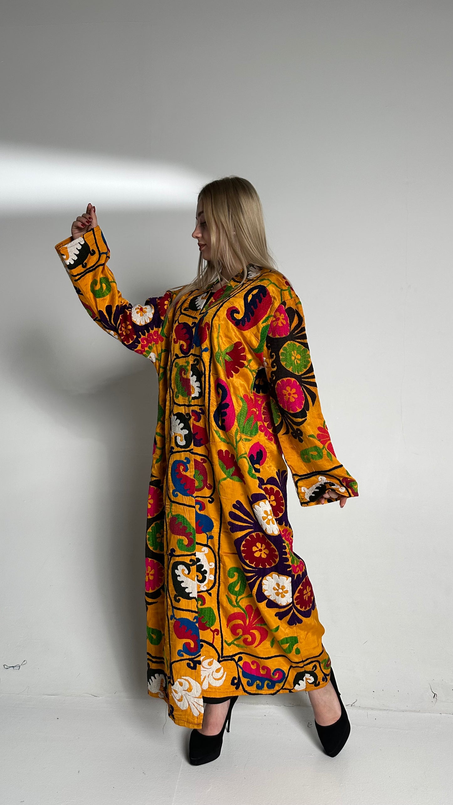 Vintage Handmade Uzbek Suzani Chapan: Upcycled Embroidered Kaftan