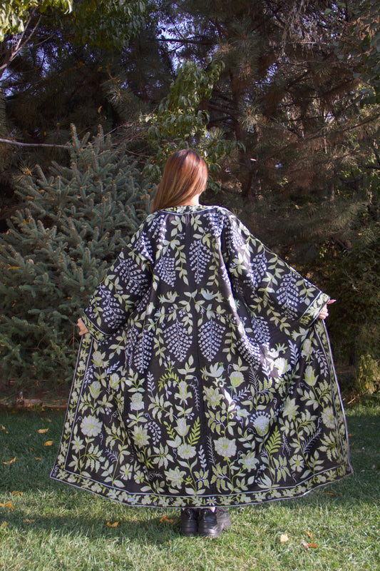 Handmade Uzbek suzani embroidery Chapan Coat Kaftan, Uzbek traditional Chopon silk cotton