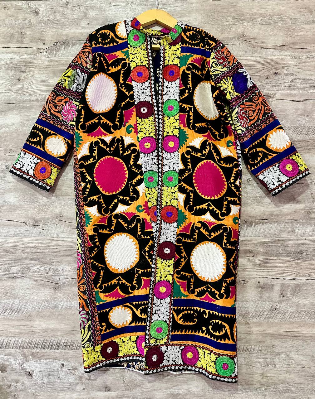 Vintage Handmade Uzbek Suzani Chapan: Upcycled Embroidered Kaftan