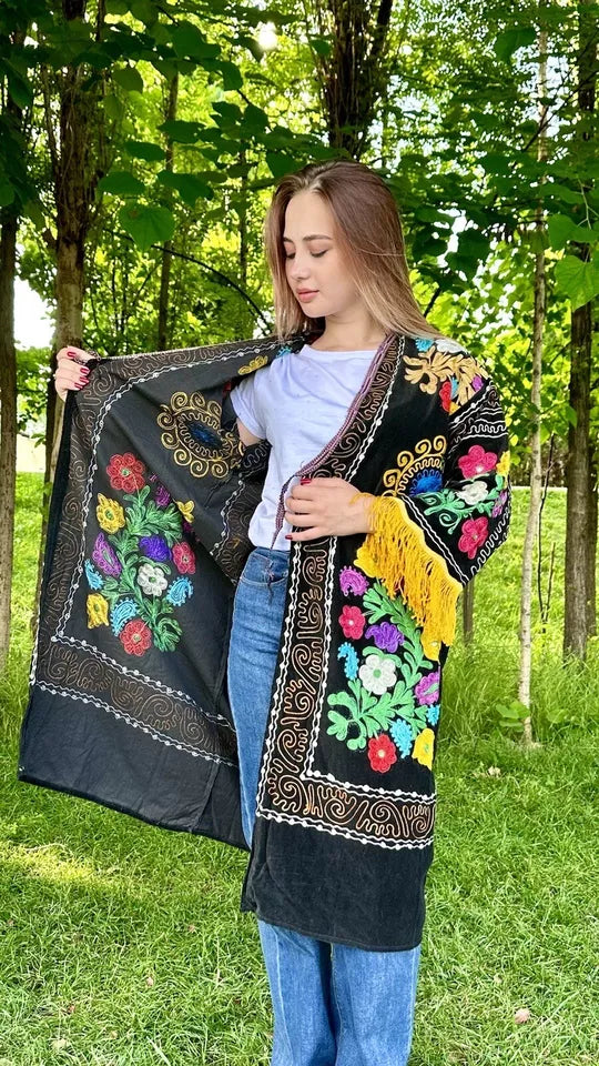 Vintage Handmade Uzbek Suzani Chapan: Upcycled Embroidered Kaftan