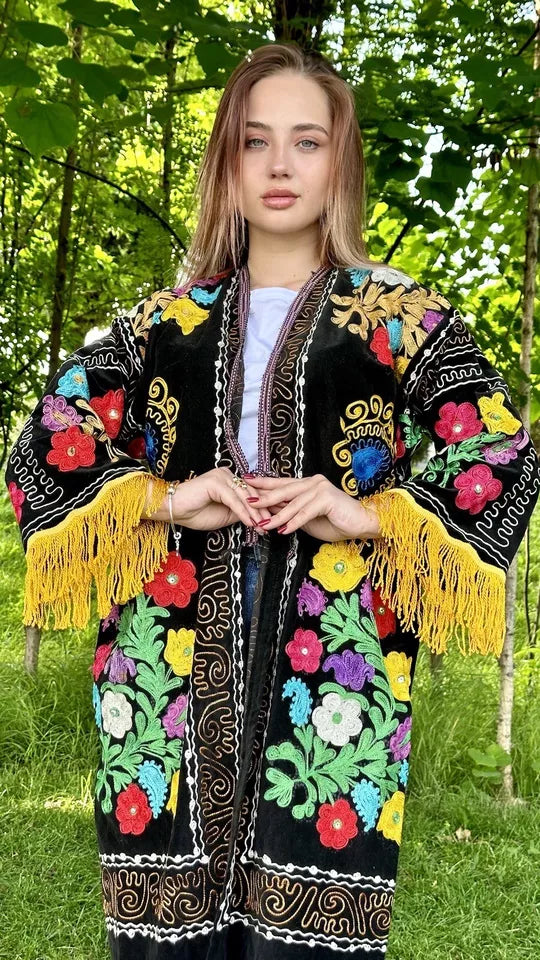 Vintage Handmade Uzbek Suzani Chapan: Upcycled Embroidered Kaftan