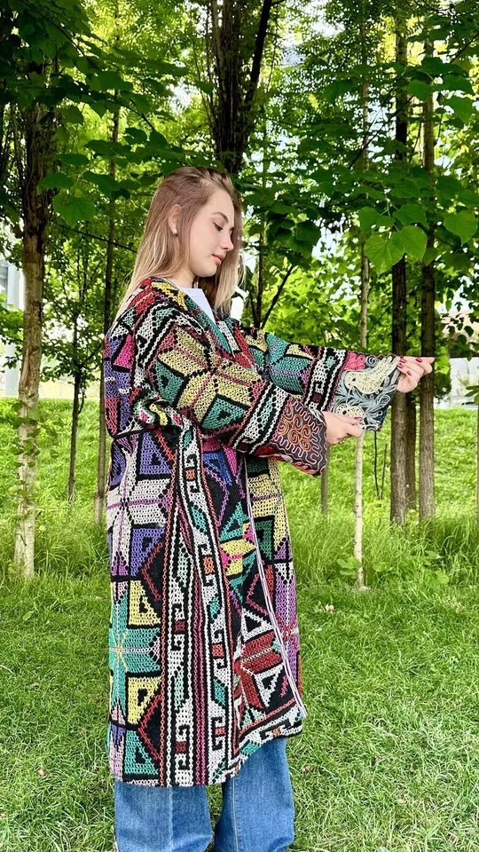 Vintage Handmade Uzbek Suzani Chapan: Upcycled Embroidered Kaftan