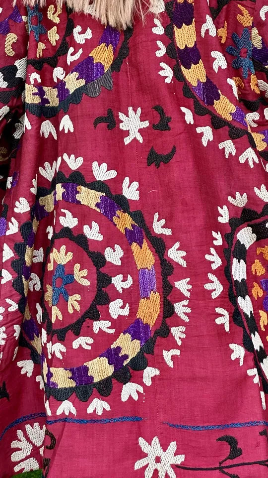 Vintage Handmade Uzbek Suzani Chapan: Upcycled Embroidered Kaftan